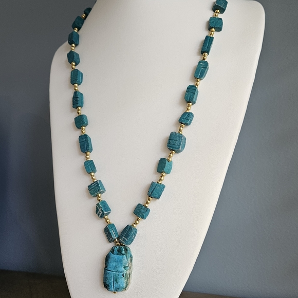 Vintage Scarab Necklace Egyptian Revival Beaded Blue Beetle Glazed Ceramic 28-in - Picture 4 of 13